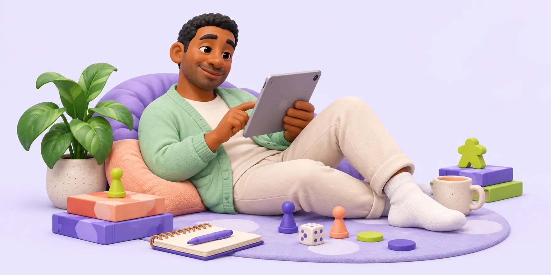 AI-generated illustration of a fictional adult man relaxing with a tablet