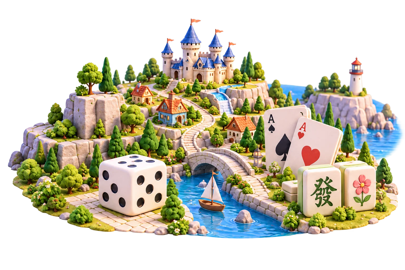 Editorial illustration of a miniature game world with a die, playing cards and mahjong tiles