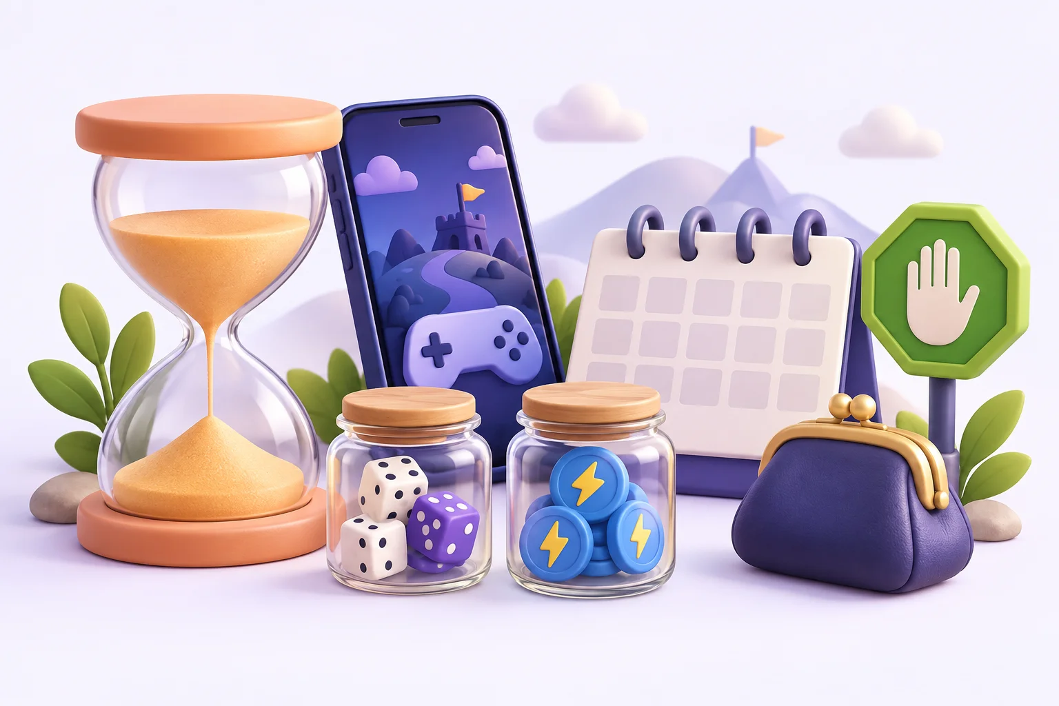 Editorial illustration of an hourglass, game resources, calendar, closed purse and stopping marker