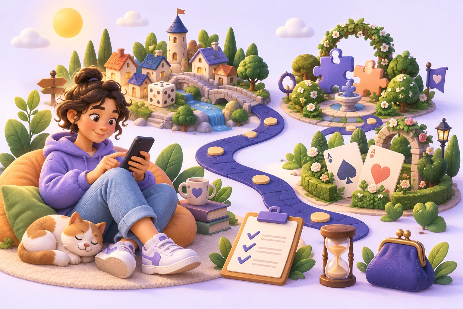 A player with a phone beside an illustrated path through board-game, puzzle and card gardens